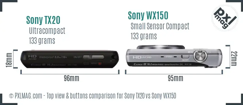 Sony TX20 vs Sony WX150 top view buttons comparison