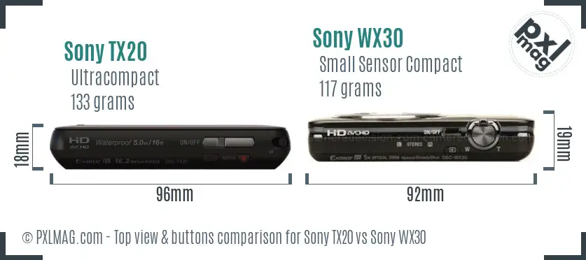 Sony TX20 vs Sony WX30 top view buttons comparison