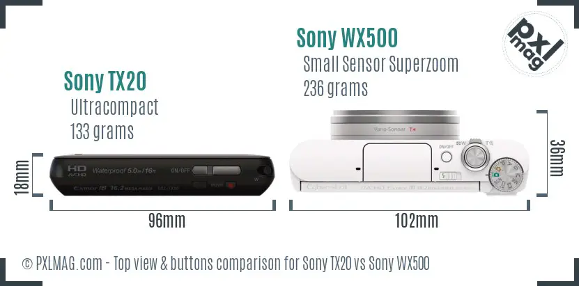 Sony TX20 vs Sony WX500 top view buttons comparison