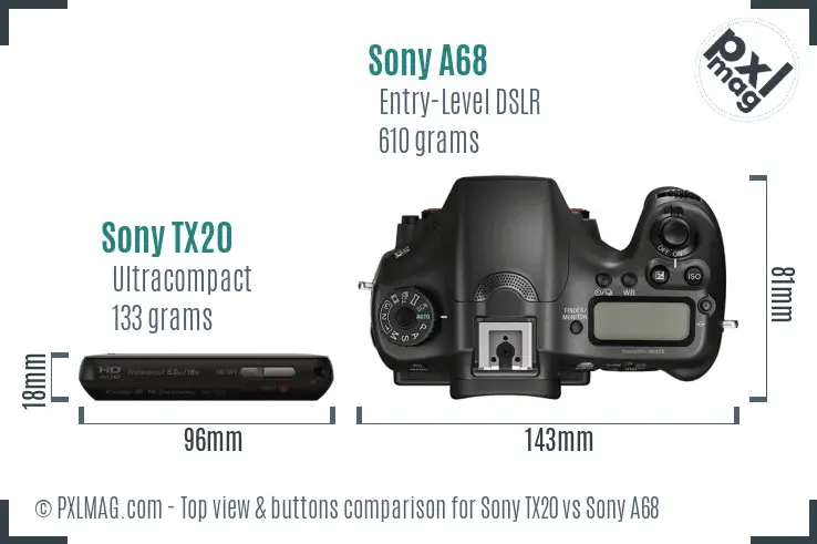 Sony TX20 vs Sony A68 top view buttons comparison