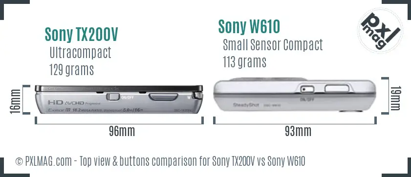 Sony TX200V vs Sony W610 top view buttons comparison