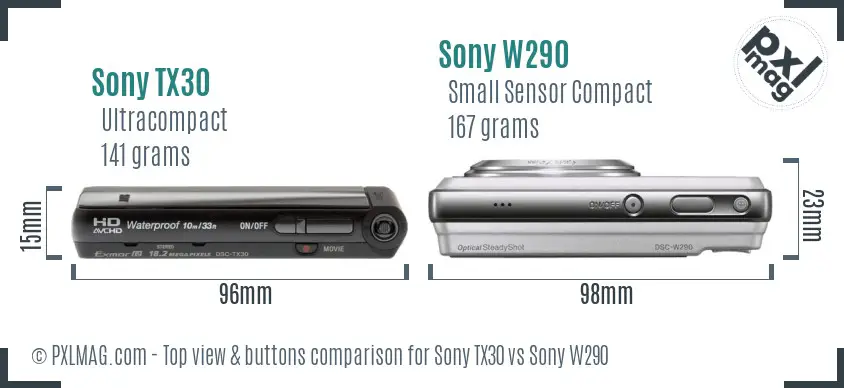 Sony TX30 vs Sony W290 top view buttons comparison