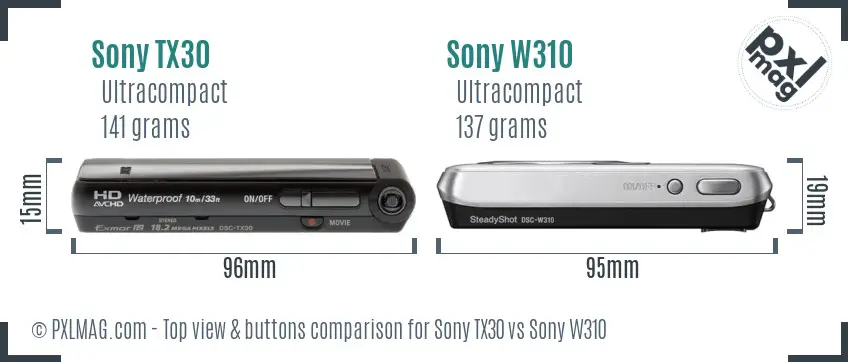 Sony TX30 vs Sony W310 top view buttons comparison