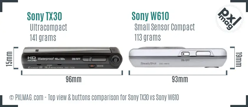 Sony TX30 vs Sony W610 top view buttons comparison