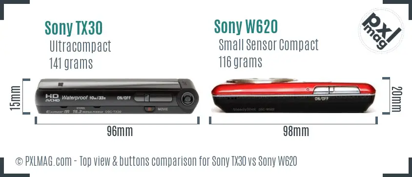 Sony TX30 vs Sony W620 top view buttons comparison