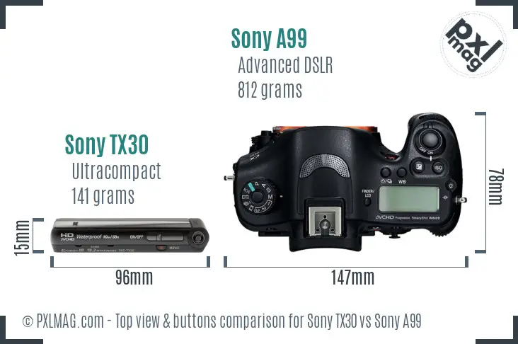Sony TX30 vs Sony A99 top view buttons comparison