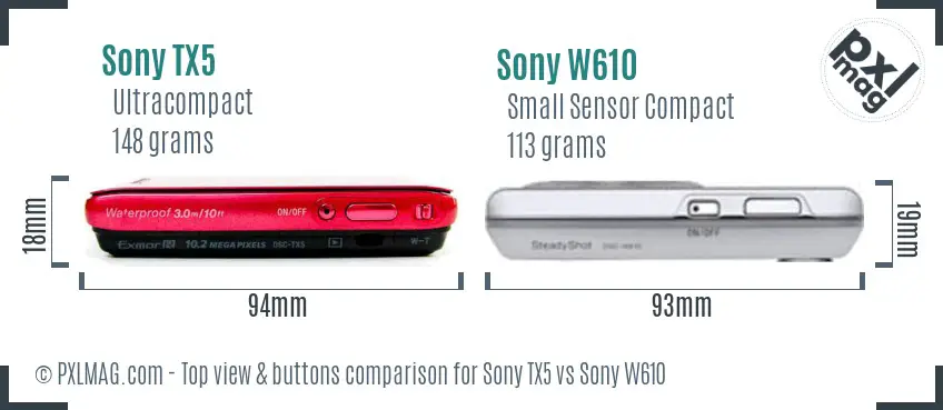 Sony TX5 vs Sony W610 top view buttons comparison