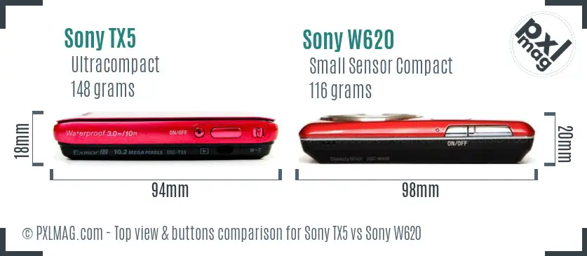 Sony TX5 vs Sony W620 top view buttons comparison