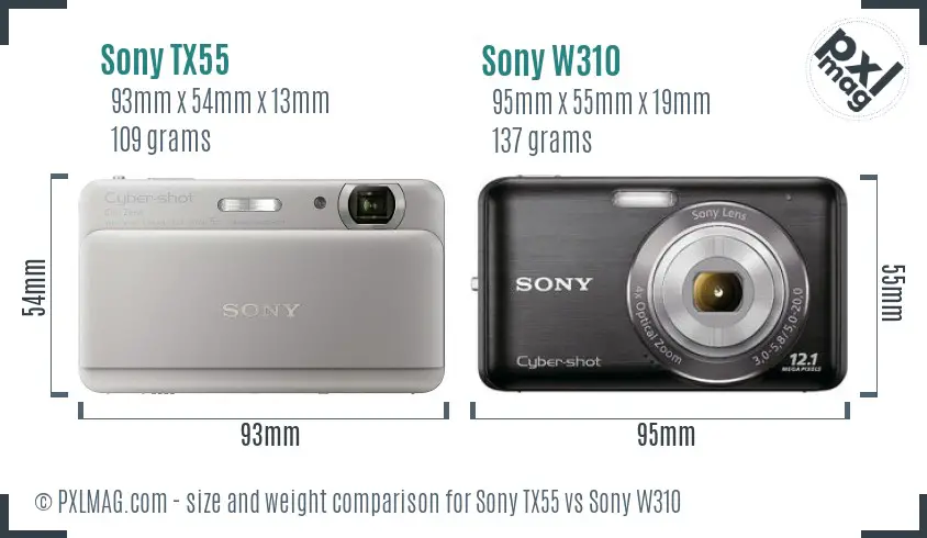 Sony TX55 vs Sony W310 size comparison
