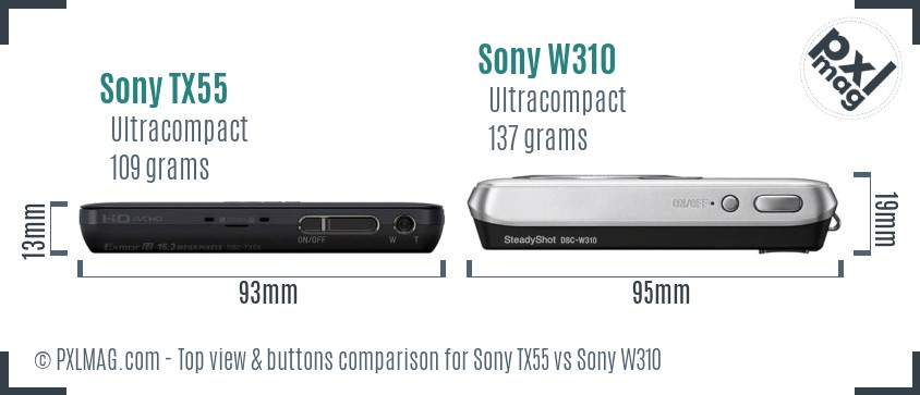 Sony TX55 vs Sony W310 top view buttons comparison