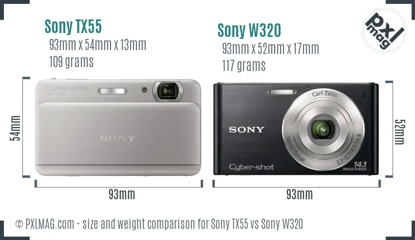 Sony TX55 vs Sony W320 size comparison