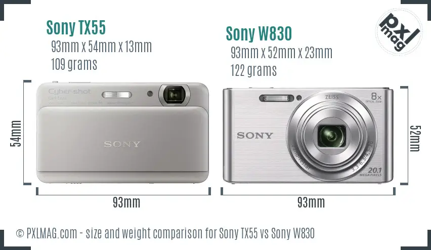 Sony TX55 vs Sony W830 size comparison