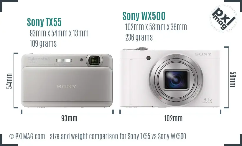 Sony TX55 vs Sony WX500 size comparison