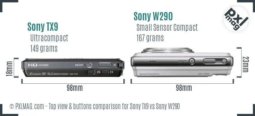 Sony TX9 vs Sony W290 top view buttons comparison