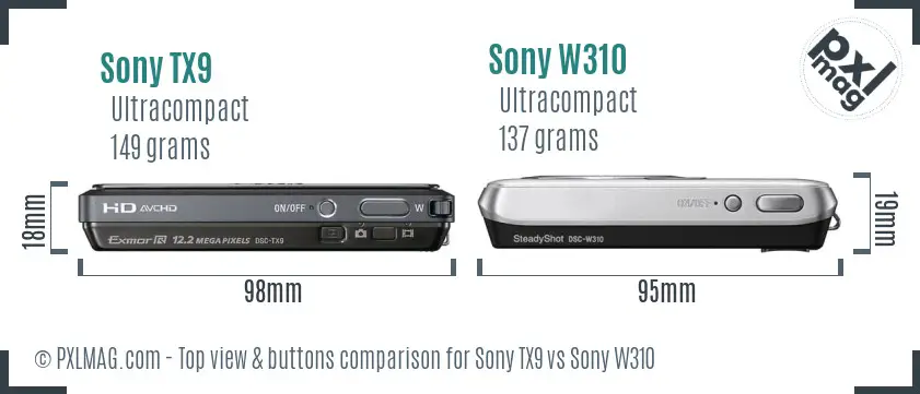Sony TX9 vs Sony W310 top view buttons comparison