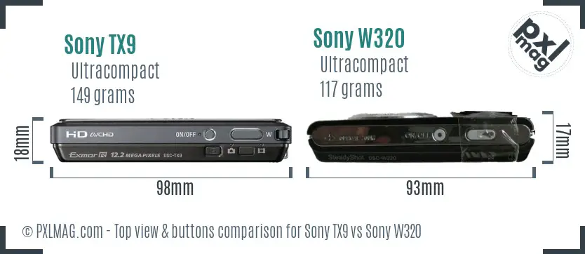 Sony TX9 vs Sony W320 top view buttons comparison
