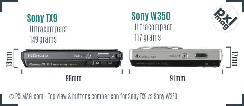 Sony TX9 vs Sony W350 top view buttons comparison