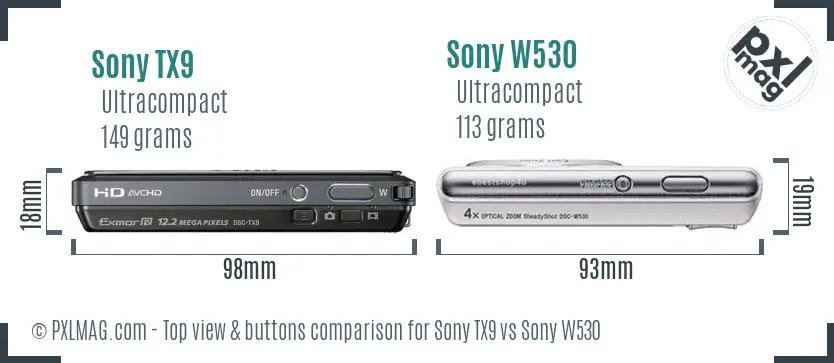Sony TX9 vs Sony W530 top view buttons comparison