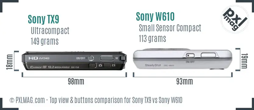Sony TX9 vs Sony W610 top view buttons comparison