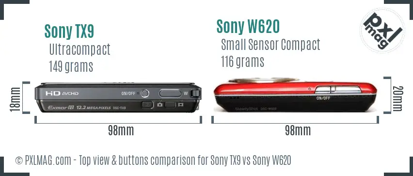Sony TX9 vs Sony W620 top view buttons comparison