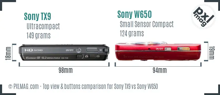 Sony TX9 vs Sony W650 top view buttons comparison