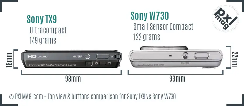 Sony TX9 vs Sony W730 top view buttons comparison