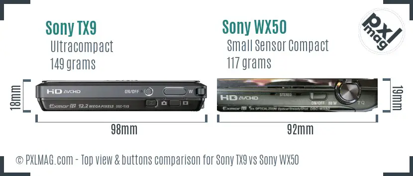 Sony TX9 vs Sony WX50 top view buttons comparison