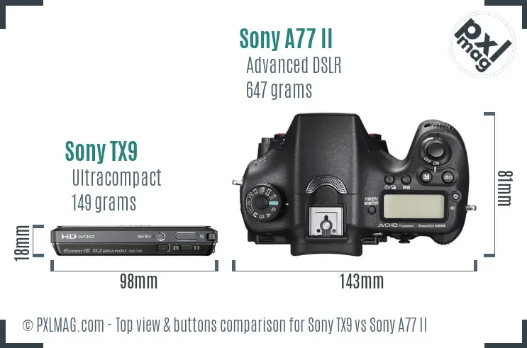 Sony TX9 vs Sony A77 II top view buttons comparison