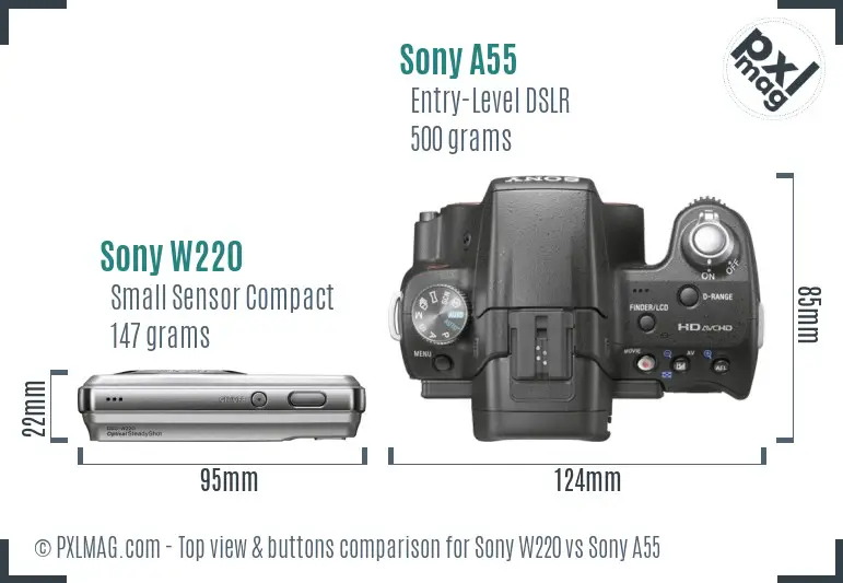 Sony W220 vs Sony A55 top view buttons comparison