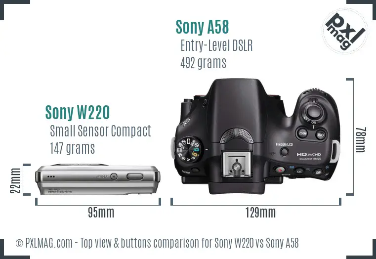 Sony W220 vs Sony A58 top view buttons comparison