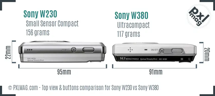 Sony W230 vs Sony W380 top view buttons comparison