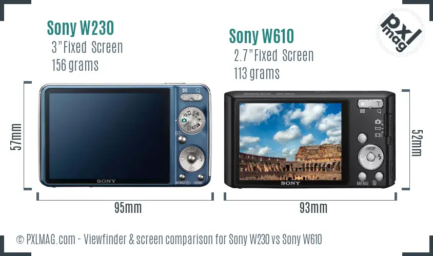 Sony W230 vs Sony W610 Screen and Viewfinder comparison