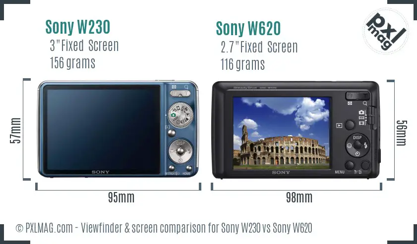 Sony W230 vs Sony W620 Screen and Viewfinder comparison