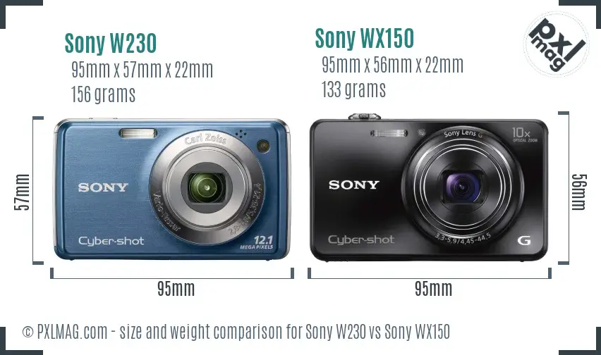 Sony W230 vs Sony WX150 size comparison