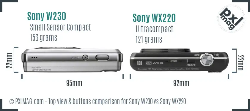 Sony W230 vs Sony WX220 top view buttons comparison