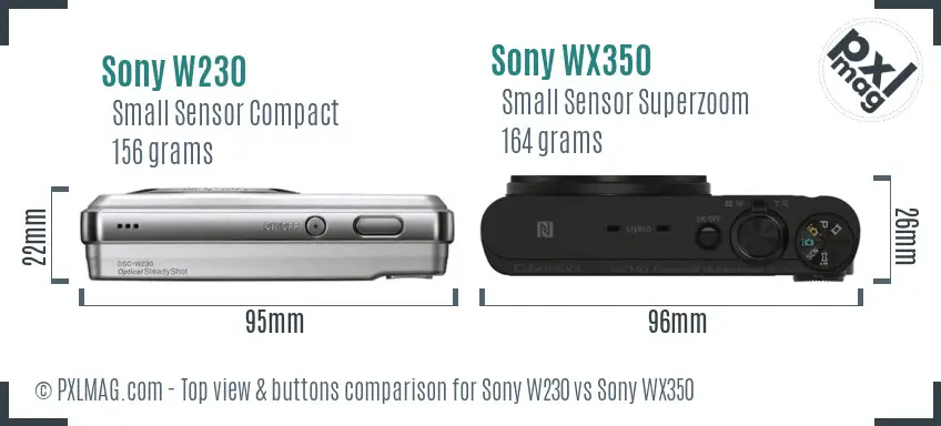 Sony W230 vs Sony WX350 top view buttons comparison