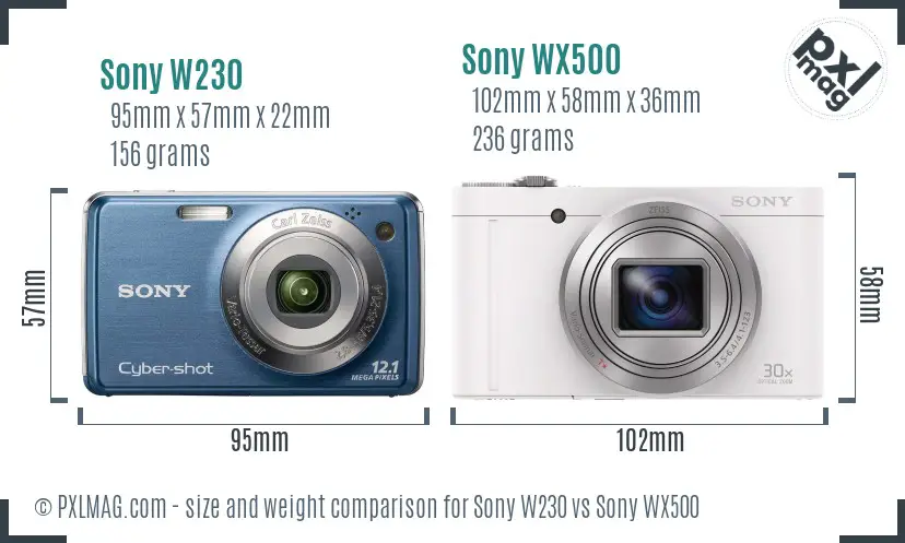 Sony W230 vs Sony WX500 size comparison