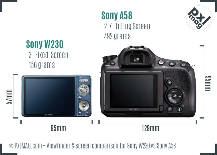 Sony W230 vs Sony A58 Screen and Viewfinder comparison