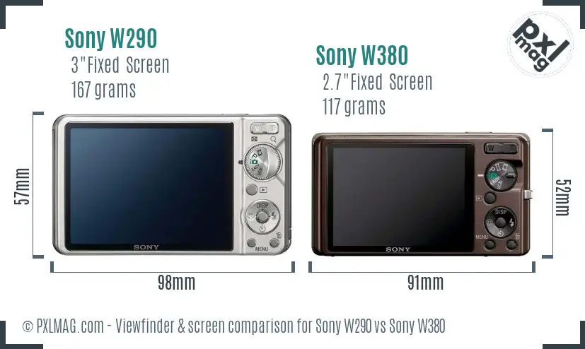 Sony W290 vs Sony W380 Screen and Viewfinder comparison