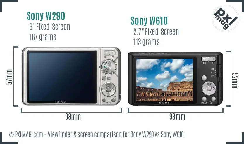 Sony W290 vs Sony W610 Screen and Viewfinder comparison