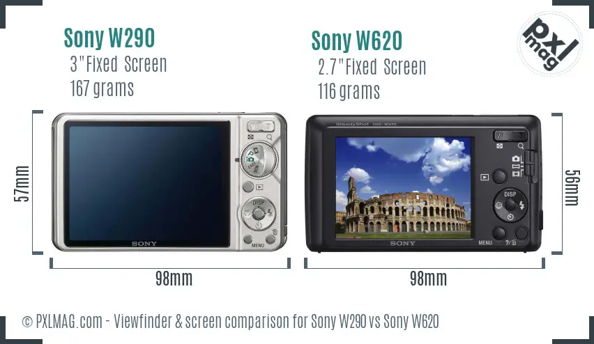 Sony W290 vs Sony W620 Screen and Viewfinder comparison