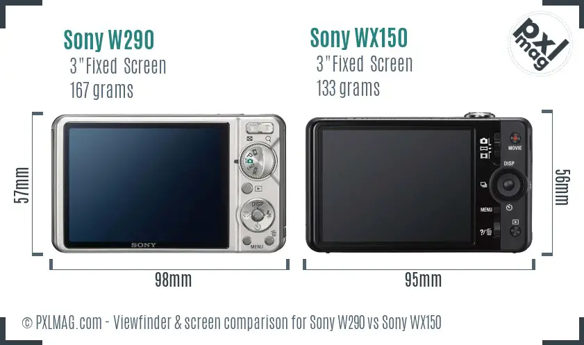 Sony W290 vs Sony WX150 Screen and Viewfinder comparison