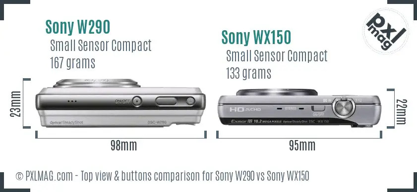 Sony W290 vs Sony WX150 top view buttons comparison