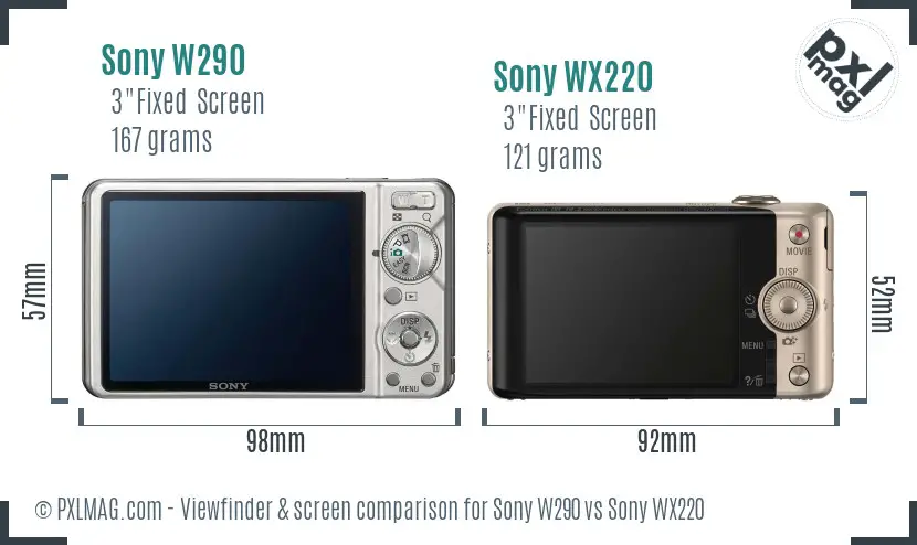 Sony W290 vs Sony WX220 Screen and Viewfinder comparison