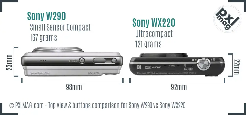 Sony W290 vs Sony WX220 top view buttons comparison