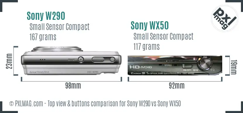 Sony W290 vs Sony WX50 top view buttons comparison
