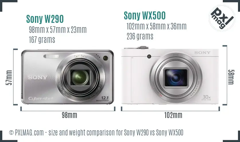 Sony W290 vs Sony WX500 size comparison