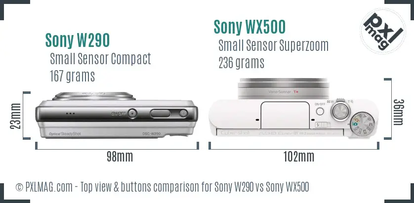 Sony W290 vs Sony WX500 top view buttons comparison