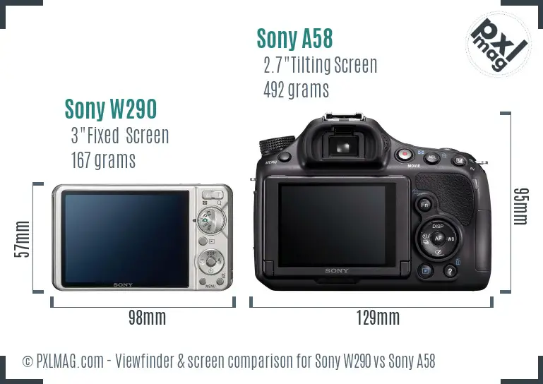 Sony W290 vs Sony A58 Screen and Viewfinder comparison