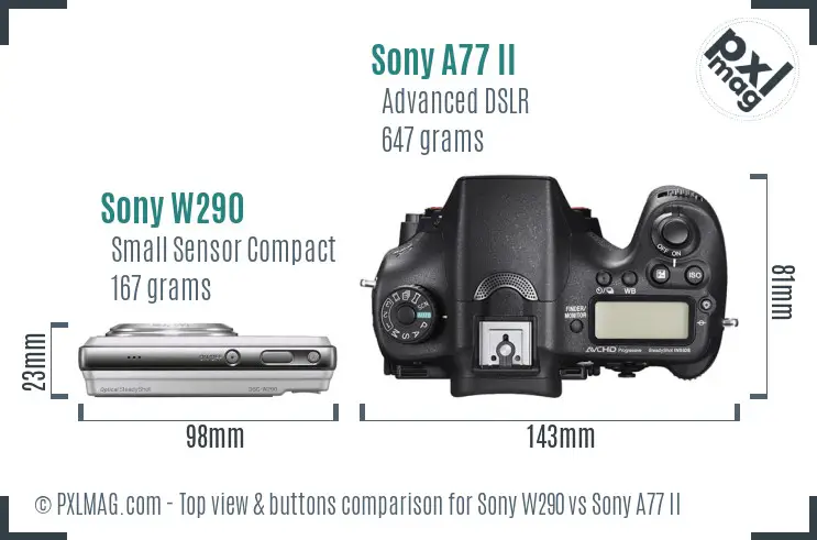 Sony W290 vs Sony A77 II top view buttons comparison